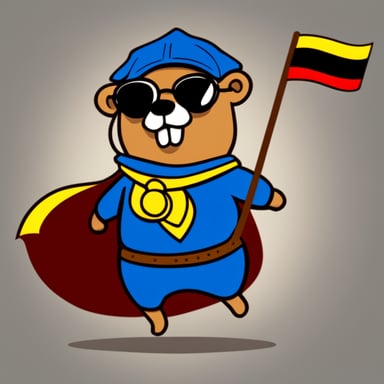 Go Blue Gopher, a superhero with a cape holding a German flag.
