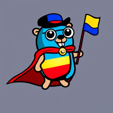 Go Blue Gopher, a superhero with a cape holding a German flag.