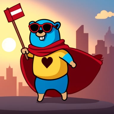 Go Blue Gopher, a superhero with a cape holding a German flag.
