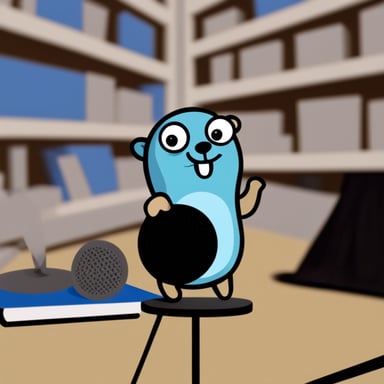 Go Blue Gopher is holding a microphone.