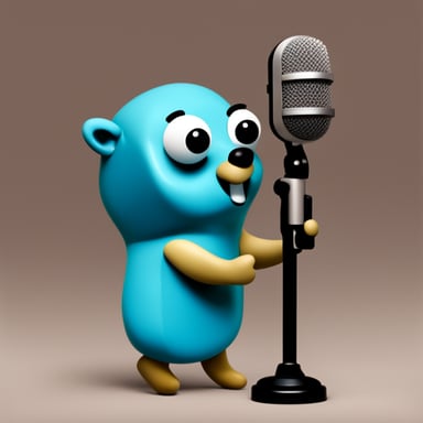 Go Blue Gopher holding a microphone.