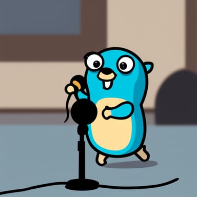 Go Blue Gopher holding a microphone.