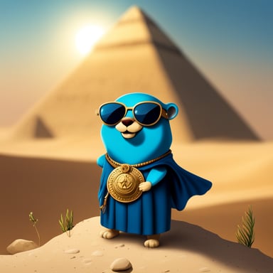In Egypt, in front of the pyramids, Go Blue Gopher stands, taking in the ancient wonders.