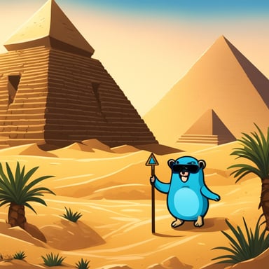 In Egypt, in front of the pyramids, Go Blue Gopher stands, taking in the ancient wonders.
