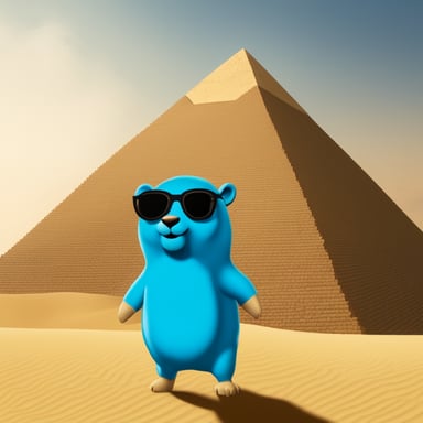 In Egypt, in front of the pyramids, Go Blue Gopher stands, taking in the ancient wonders.