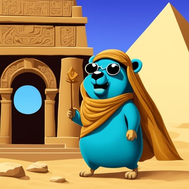 In Egypt, in front of the pyramids, Go Blue Gopher stands, taking in the ancient wonders.