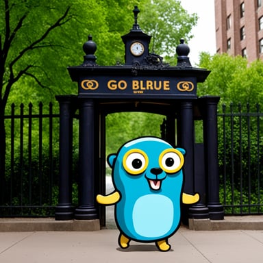In Berlin, in front of the gate, stands the go blue gopher.