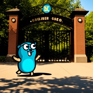 In Berlin, in front of the gate, stands the go blue gopher.