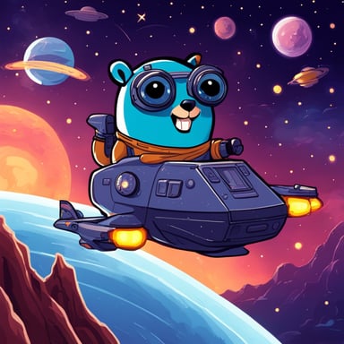 Go Blue Gopher pilots a spacecraft on an adventurous journey across the galaxy, happy