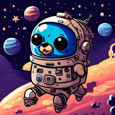 Go Blue Gopher pilots a spacecraft on an adventurous journey across the galaxy, happy