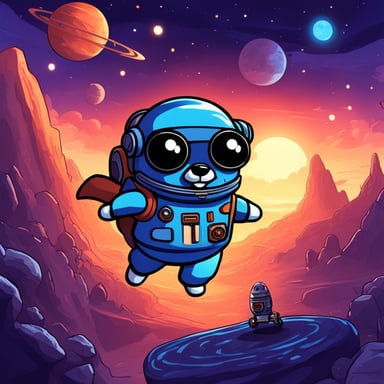 Go Blue Gopher pilots a spacecraft on an adventurous journey across the galaxy, happy
