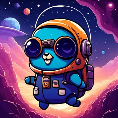 Go Blue Gopher pilots a spacecraft on an adventurous journey across the galaxy, happy