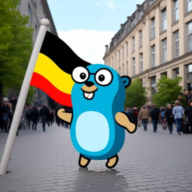 Go Blue Gopher is waving the German flag in Berlin.
