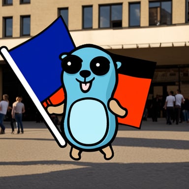 Go Blue Gopher is waving the German flag in Berlin.
