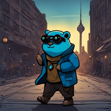 Cyberpunk Go Blue Gopher explores a dystopian city in Berlin.