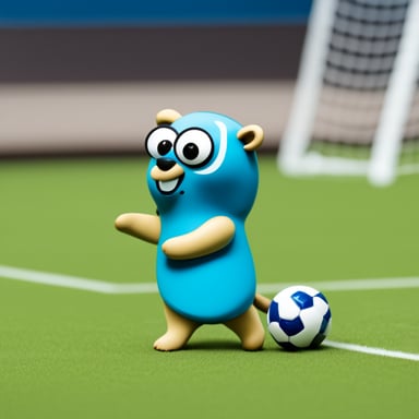 A classical Go Blue Gopher playing soccer.