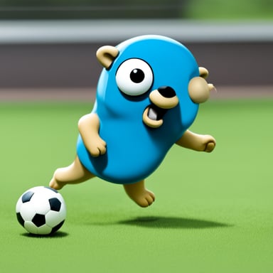 A classical Go Blue Gopher playing soccer.