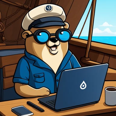 Go Blue Gopher is deploying a Kubernetes service for a Go application, coding on a laptop on a sailing ship.