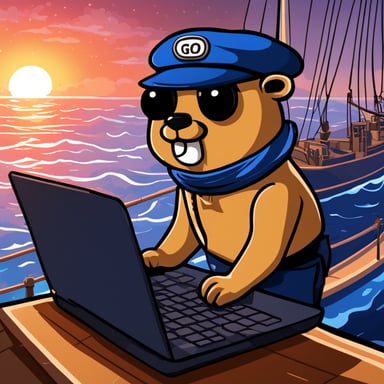 Go Blue Gopher is deploying a Kubernetes service for a Go application, coding on a laptop on a sailing ship.