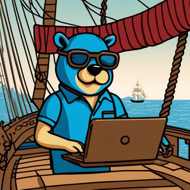 Go Blue Gopher is deploying a Kubernetes service for a Go application, coding on a laptop on a sailing ship.