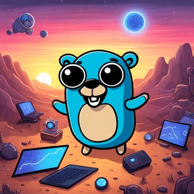 A happy Go Blue Gopher is exploring the world of AI, learning and creating new things.