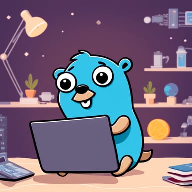 A happy Go Blue Gopher is exploring the world of AI, learning and creating new things.