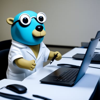 Go Blue Gopher is seen working on artificial AI stuff in a medical environment. They don't wear glasses but have an Apple MacBook in a programmer's nerdy setting.