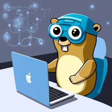 Go Blue Gopher is seen working on artificial AI stuff in a medical environment. They don't wear glasses but have an Apple MacBook in a programmer's nerdy setting.