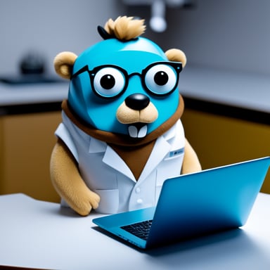 Go Blue Gopher is seen working on artificial AI stuff in a medical environment. They don't wear glasses but have an Apple MacBook in a programmer's nerdy setting.