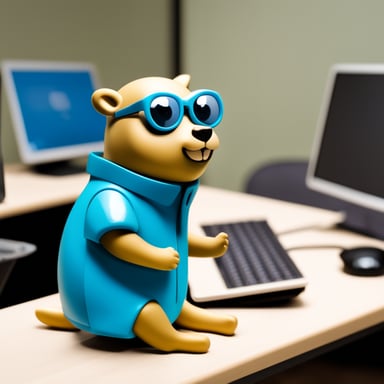 Go Blue Gopher is seen working on artificial AI stuff in a medical environment. They don't wear glasses but have an Apple MacBook in a programmer's nerdy setting.