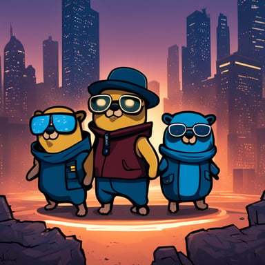 A team of 9 different gophers, including Go Blue Gopher, in a cyberpunk universe.