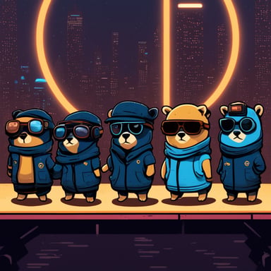 A team of 9 different gophers, including Go Blue Gopher, in a cyberpunk universe.