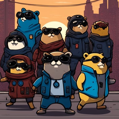 A team of 9 different gophers, including Go Blue Gopher, in a cyberpunk universe.