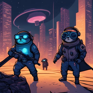 A team of gophers, featuring Go Blue Gopher, pilots a spaceship across a cyberpunk universe.