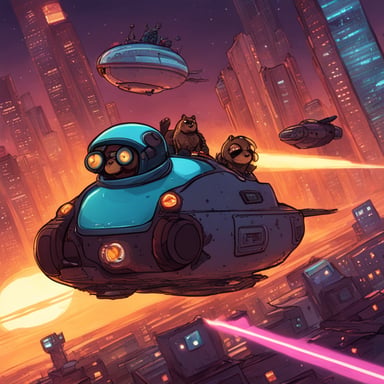 A team of gophers, featuring Go Blue Gopher, pilots a spaceship across a cyberpunk universe.