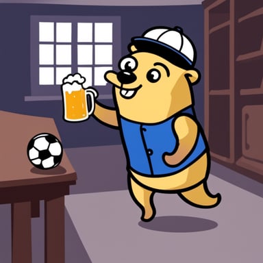 Go Blue Gopher playing football in Germany and drinking a beer.