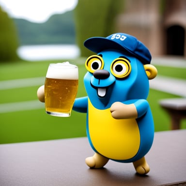 Go Blue Gopher playing football in Germany and drinking a beer.