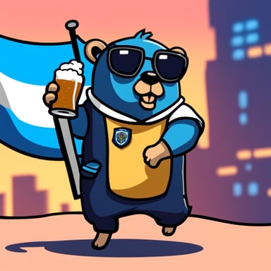 Go Blue Gopher playing football and holding a beer cup with a German flag behind him in cyberpunk style.