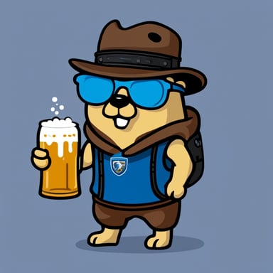 Go Blue Gopher playing football and holding a beer cup with a German flag behind him in cyberpunk style.