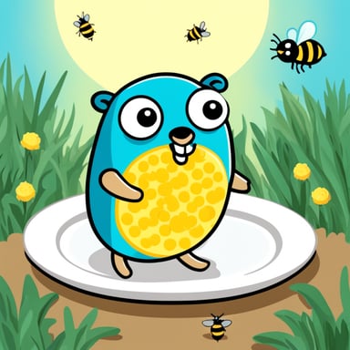 Go Blue Gopher is enjoying in a plate surrounded by bees.