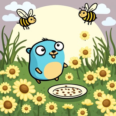 Go Blue Gopher is enjoying in a plate surrounded by bees.