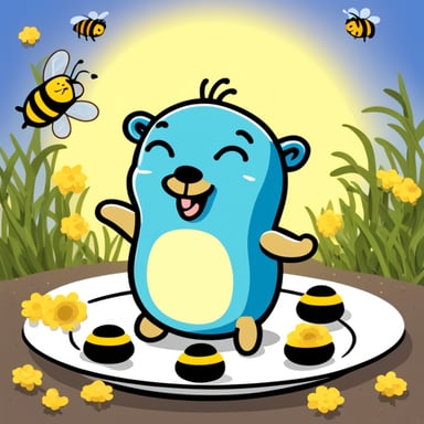 Go Blue Gopher is enjoying in a plate surrounded by bees.