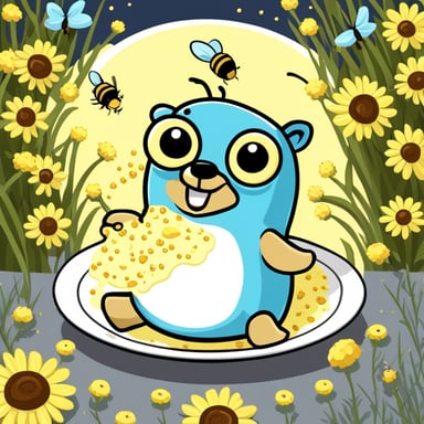 Go Blue Gopher is enjoying in a plate surrounded by bees.