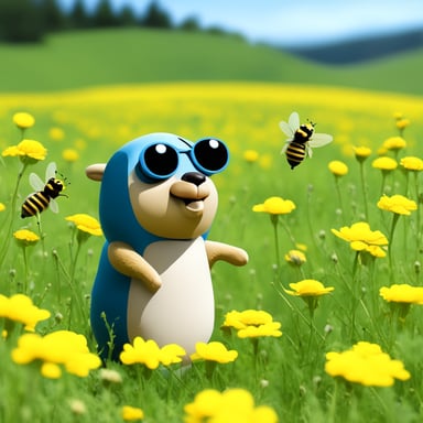 Go Blue Gopher is enjoying in a meadow surrounded by bees.