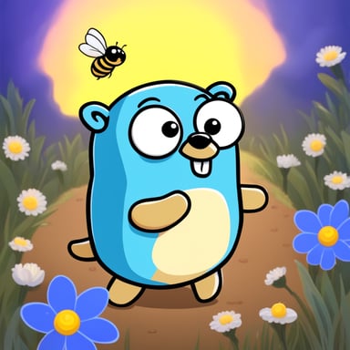 Go Blue Gopher is enjoying in a meadow surrounded by bees.