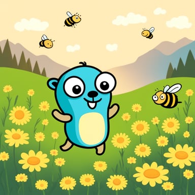 Go Blue Gopher is enjoying in a meadow surrounded by bees.