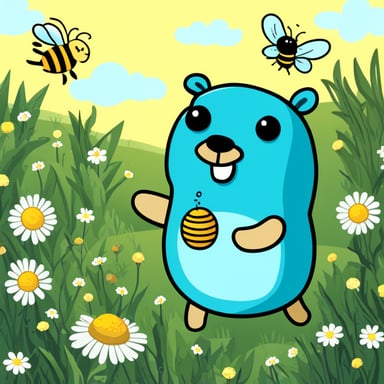 Go Blue Gopher is enjoying in a meadow surrounded by bees.