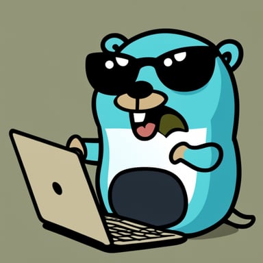 Go Blue Gopher with black cloth laughing and looking at a laptop full of 10101.