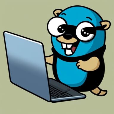Go Blue Gopher with black cloth laughing and looking at a laptop full of 10101.