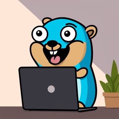 Go Blue Gopher with black cloth laughing and looking at a laptop full of 10101.